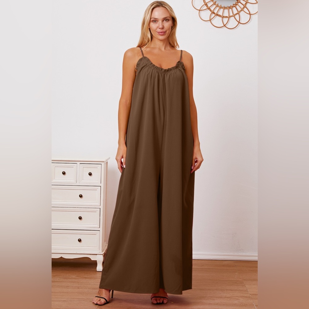 Coffee Brown Full Size Ruffle Trim Tie Back Cami Jumpsuit with Pockets